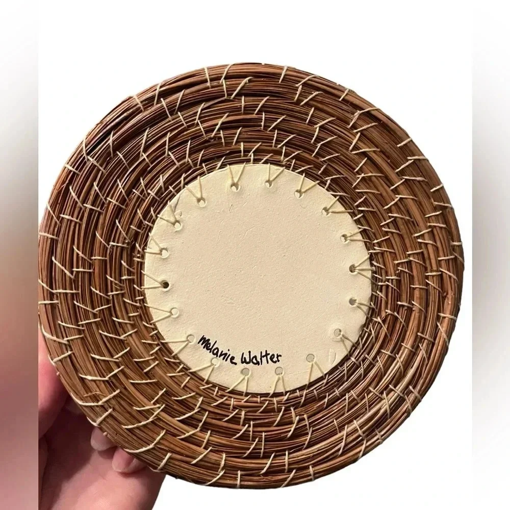 Pine Needle Handle Basket With Handpainted Ceramic Bird Plate Bottom Sig…